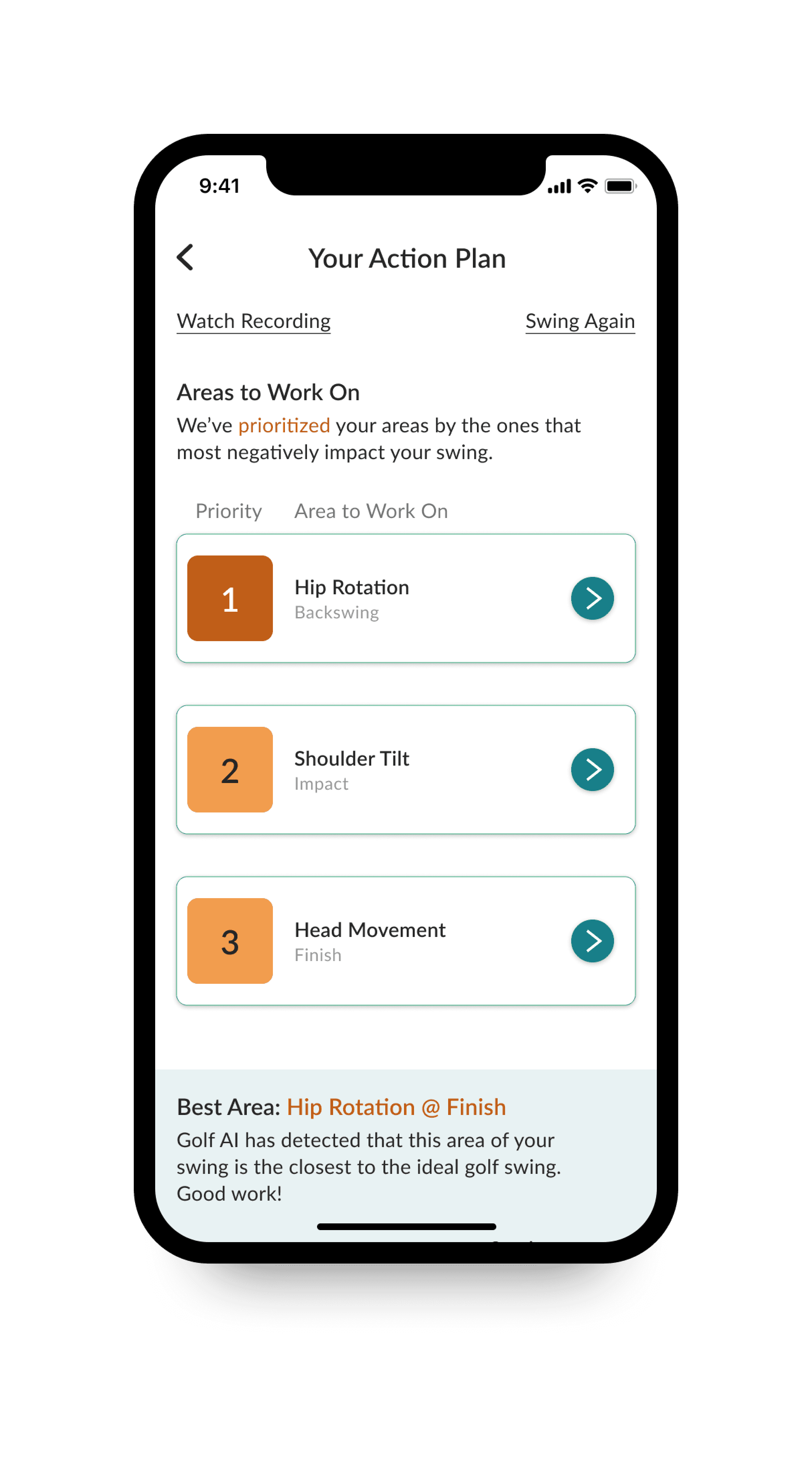 Golf AI action plan screen ranking hip rotation, shoulder tilt and head movement