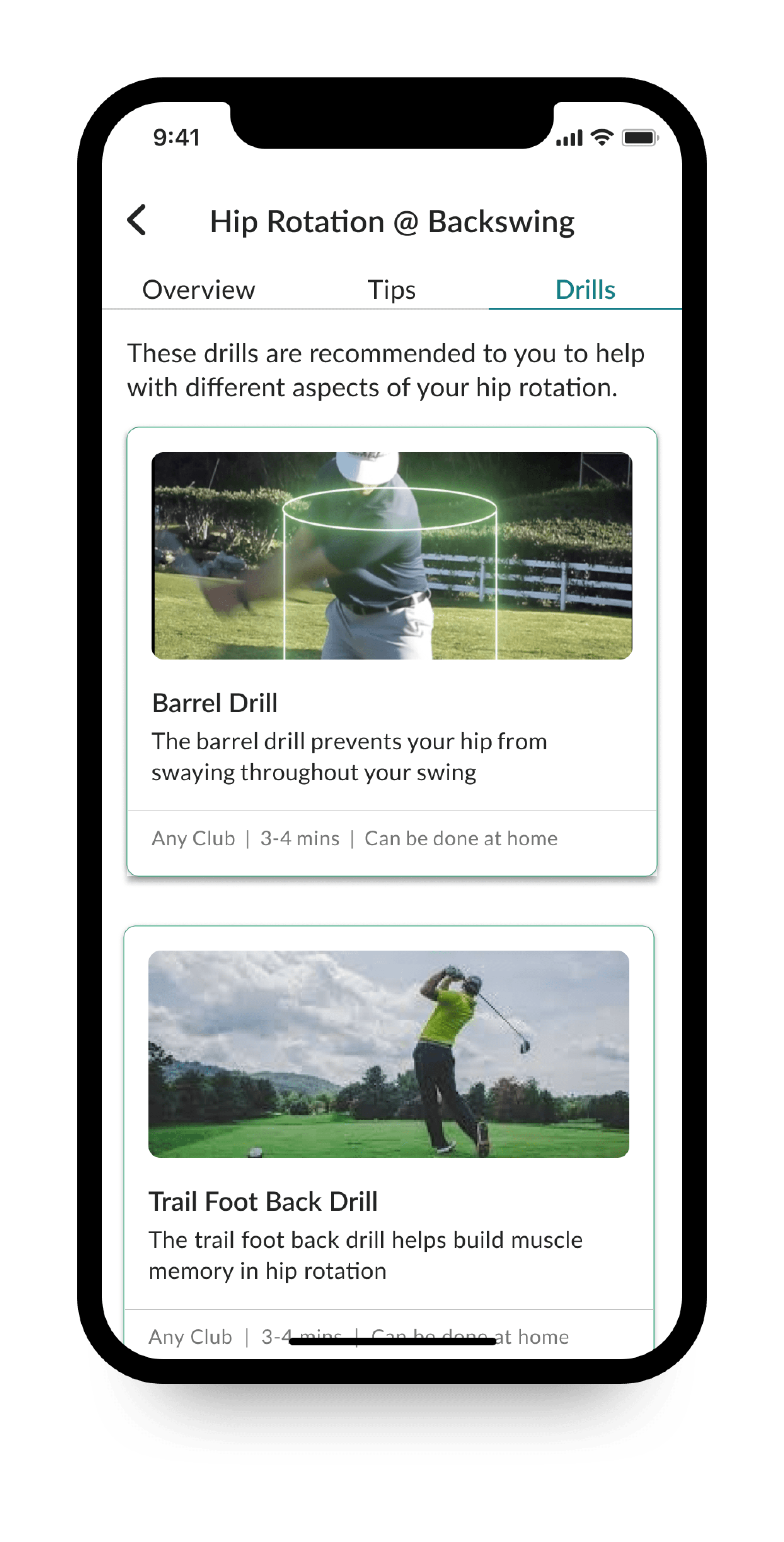 Golf AI drill library showing recommended drills for hip rotation